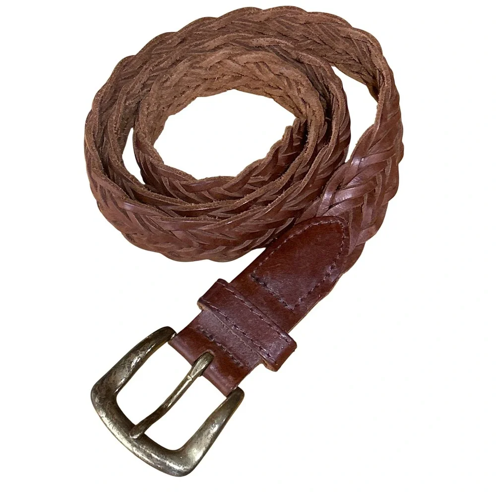 Vintage Brown Braided Genuine‎ Leather Belt Brass Buckle Made in Guatemala ML